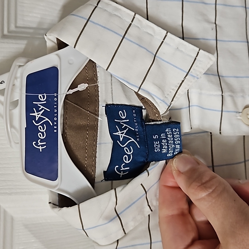 Freestyle 2 Piece Set White Button Down Blue Brown Stripe Sleeve Brown Cargo 5 - Picture 3 of 13